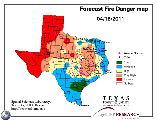 texas wildfires 2011 map. Texas Wildfires: Fire Danger